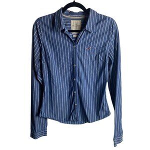 Vintage Hollister Size Large Blue Striped Button Down Stretch Shirt Y2K Preppy